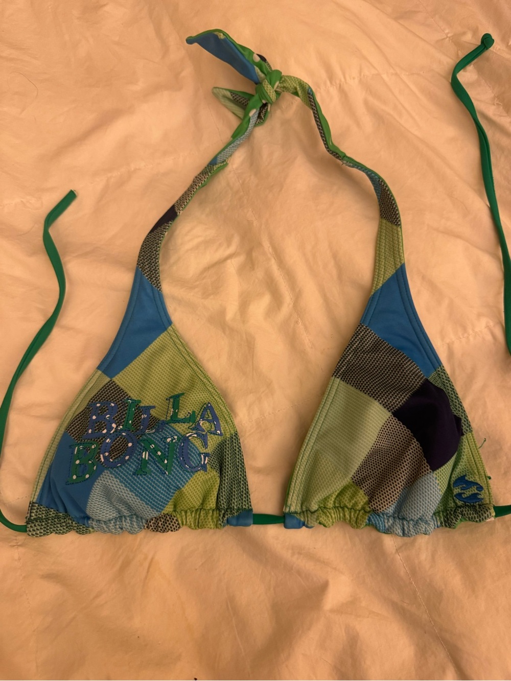 Billabong Blue & Green Patchwork Triangle/Reversible Polka dot Bikini Top